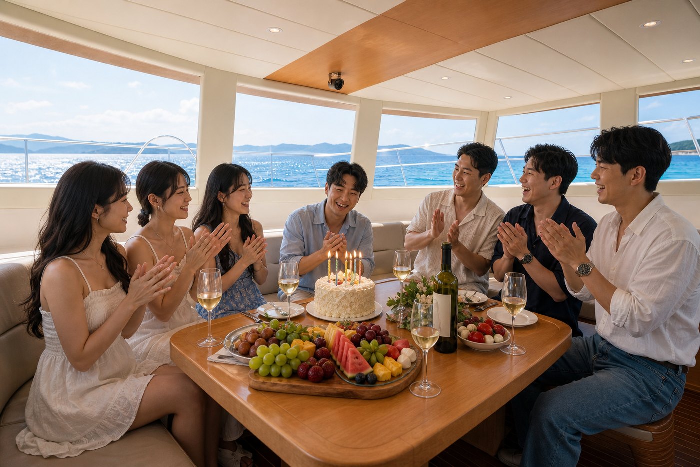 요트 선상 생일파티 케이크와 축하